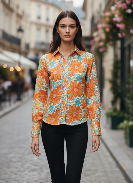 Satin Digital Print Puff Sleeve Shirt