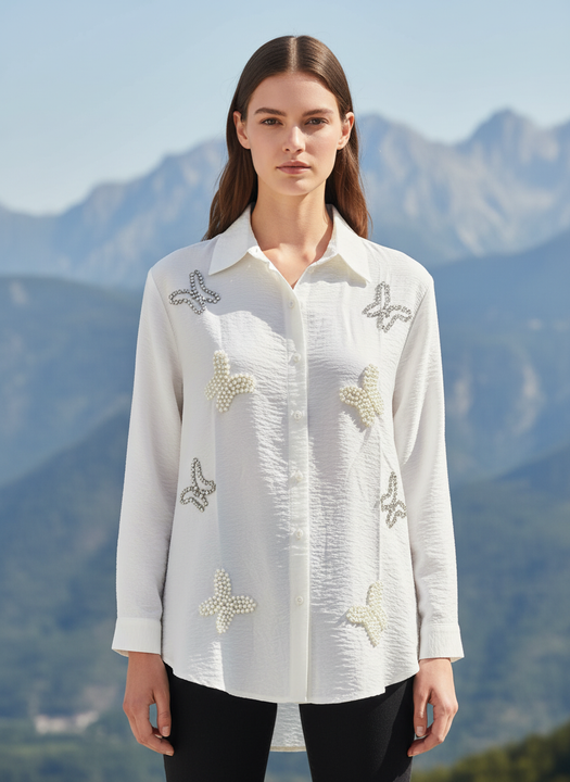 Ivory Elegance Pearl Embellished Designer Shirt