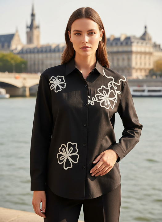 Elegant Black Floral Embroidered Shirt for Women