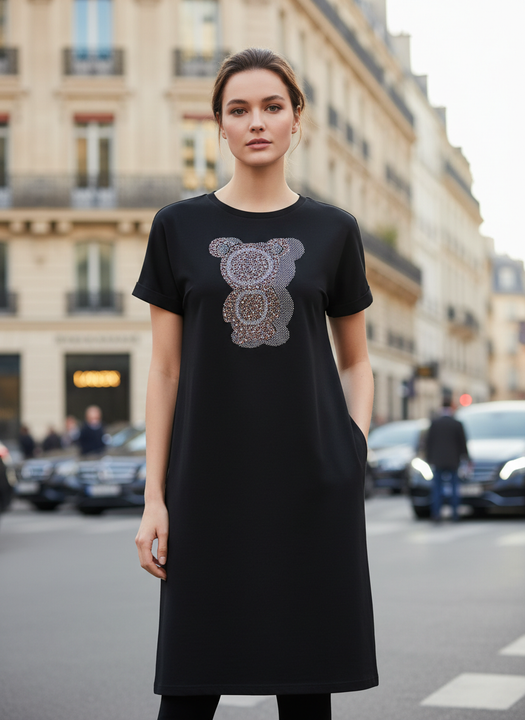 Stylish Black Teddy Print Dress for Women