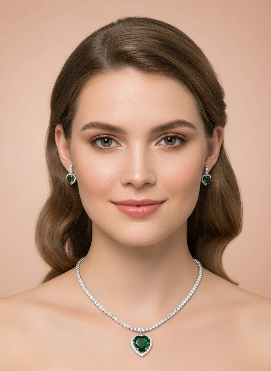 Classic Emerald Heart Cubic Zirconia Pendant Necklace & Earrings Set