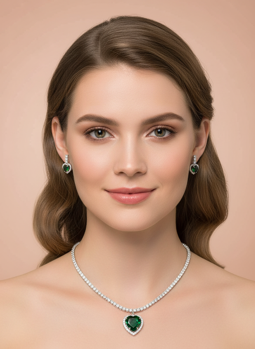 Classic Emerald Heart Cubic Zirconia Pendant Necklace & Earrings Set