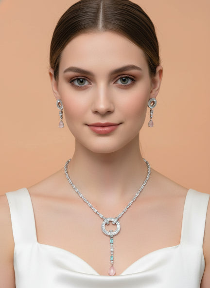 Pink Cubic Zirconia Lariat Necklace & Earrings Set for Women