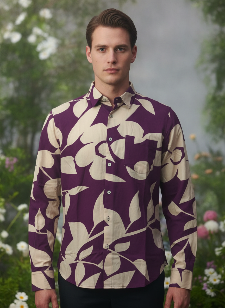 Men'S Premium Rayon Shirt With Purple Floral Print