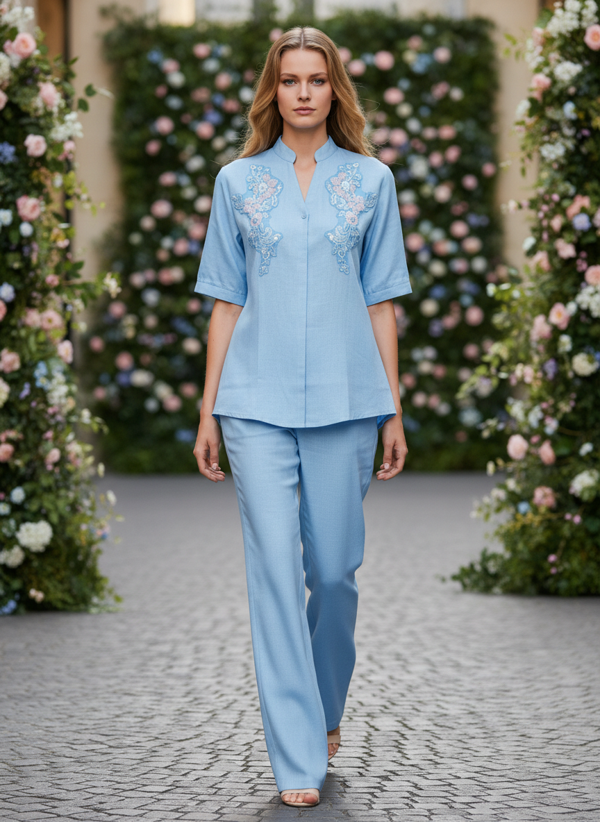 Sky Blue Embroidered Coord Set for Women