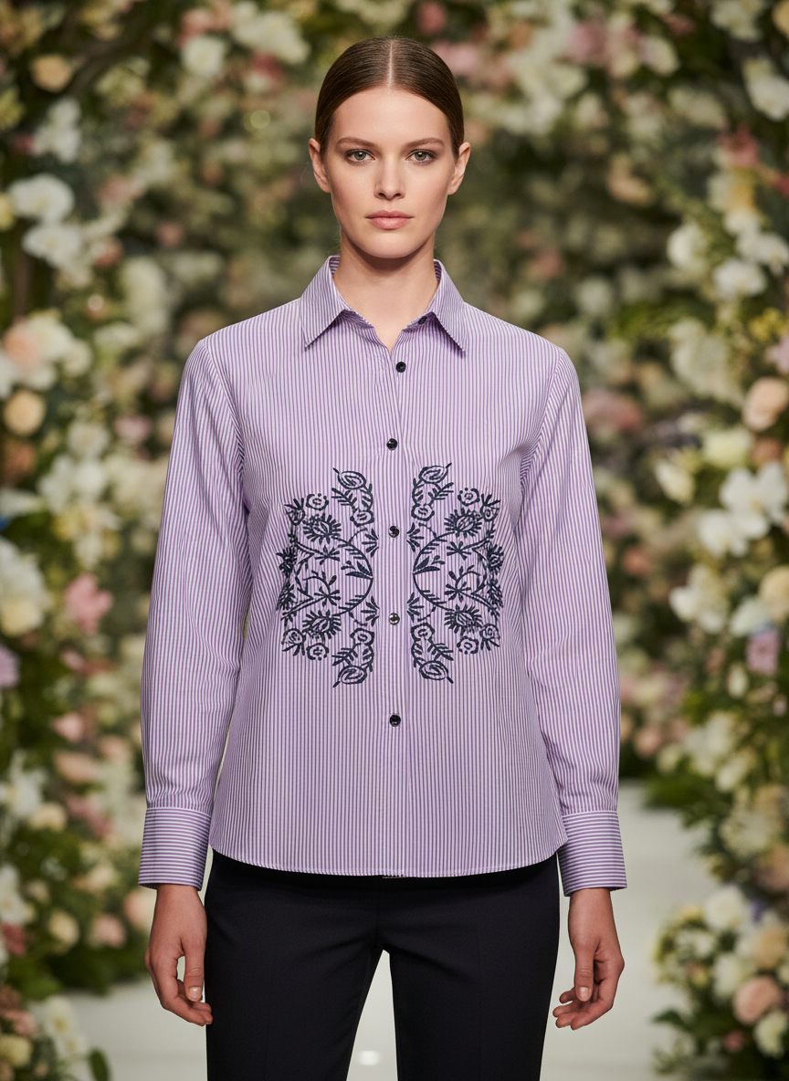 Lavender Grace Floral Embroidered Striped Shirt