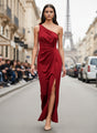Women's Luxury One-Shoulder European Satin Dress Crimson Red