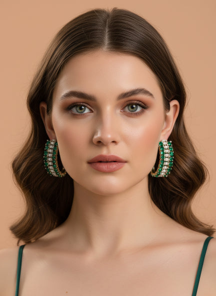 Elegant Green & Silver Cubic Zirconia Hoop Earrings for Women