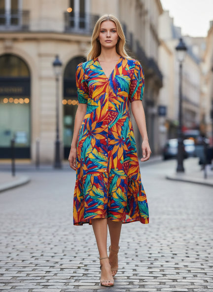 Rayon Printed Puff Sleeve A Line Front Button Maxi Dress