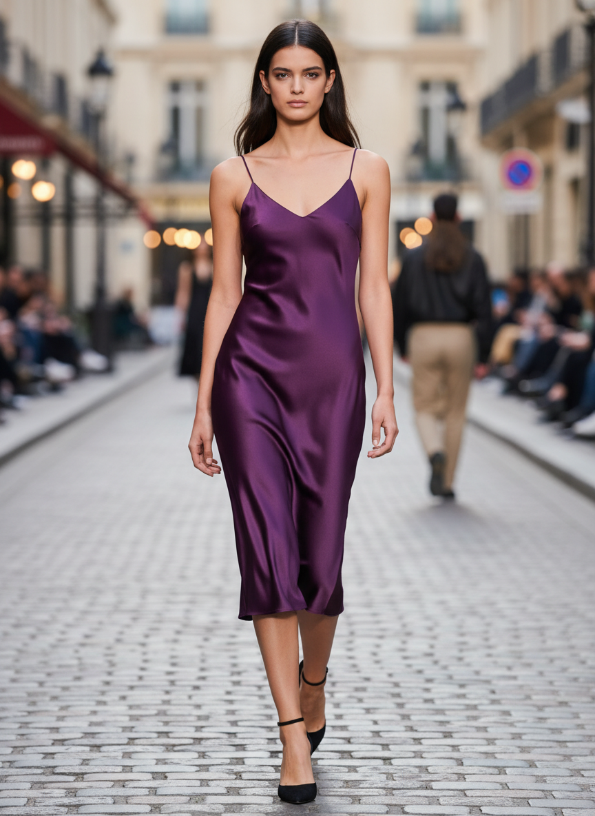 Women’s Luxury Satin Midi Dress Deep Plum Spaghetti Strap