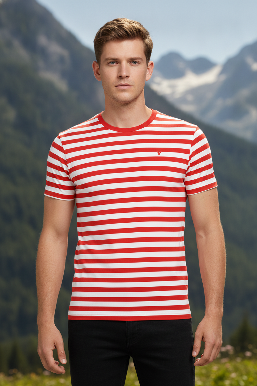 Mens Premium Cotton Striped Half Sleeve Crew Neck T-Shirts