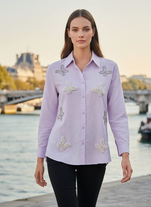 Lavender Pearl Embellished Designer Womens Shirt