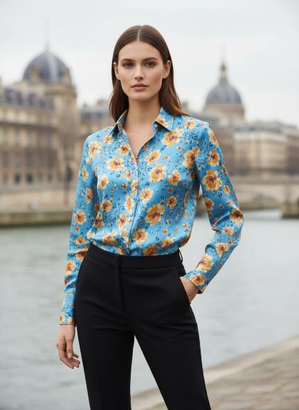 Linen Satin Multicolour Long Length Curved Hem Digital Print Shirt