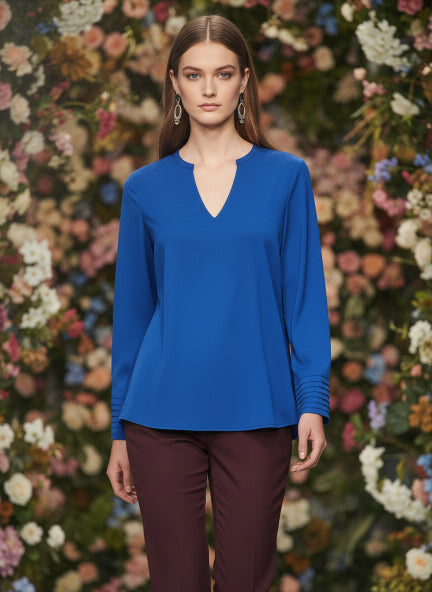 European Satin V Neck Long Sleeve Top