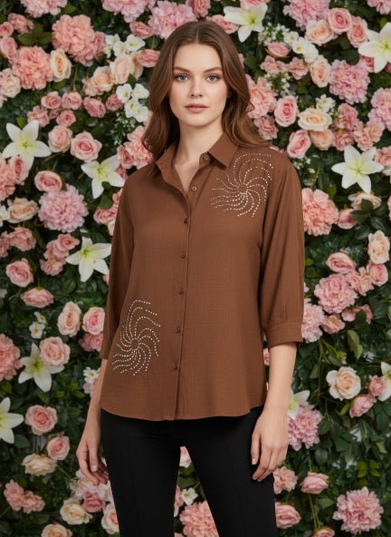 Brown Beaded Spiral Linen Shirt |
