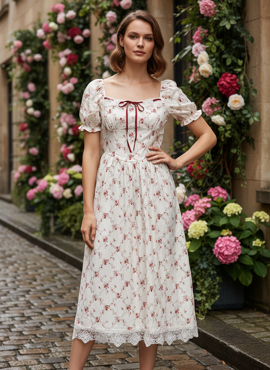 White Floral Puff Sleeve Midi Dress with Lace Hem