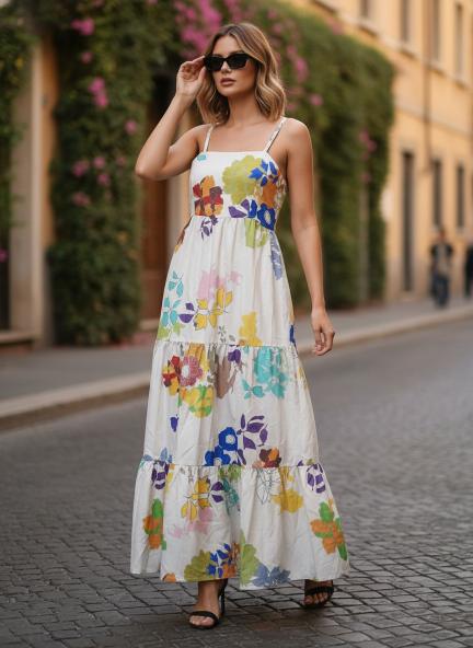Premium Micro Digital Print  Shoulder Strap Maxi Dress With Slash Pocket
