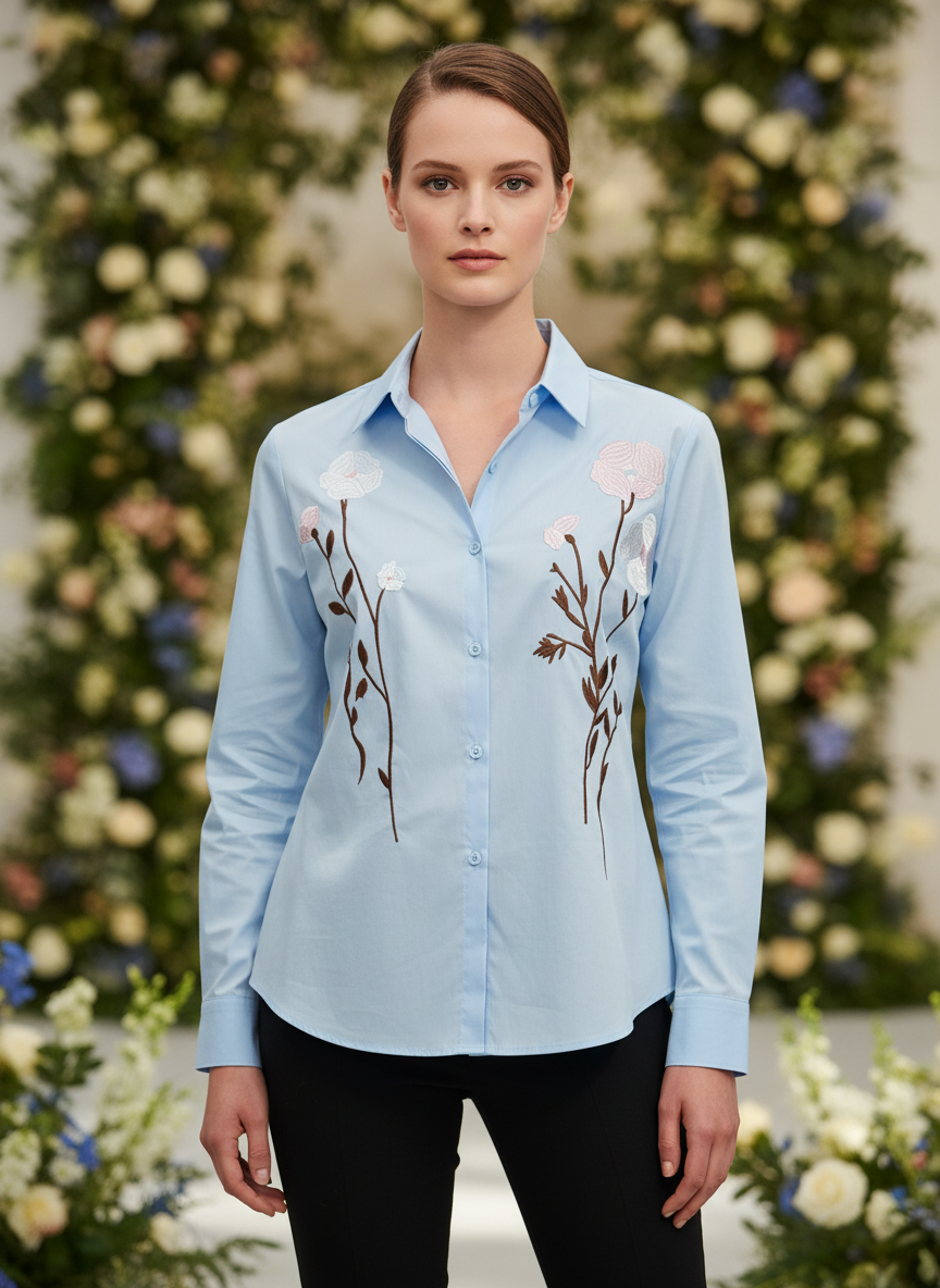 Elegant Light Blue Floral Embroidered Shirt for Women