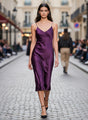 Women’s Luxury Satin Midi Dress Deep Plum Spaghetti Strap