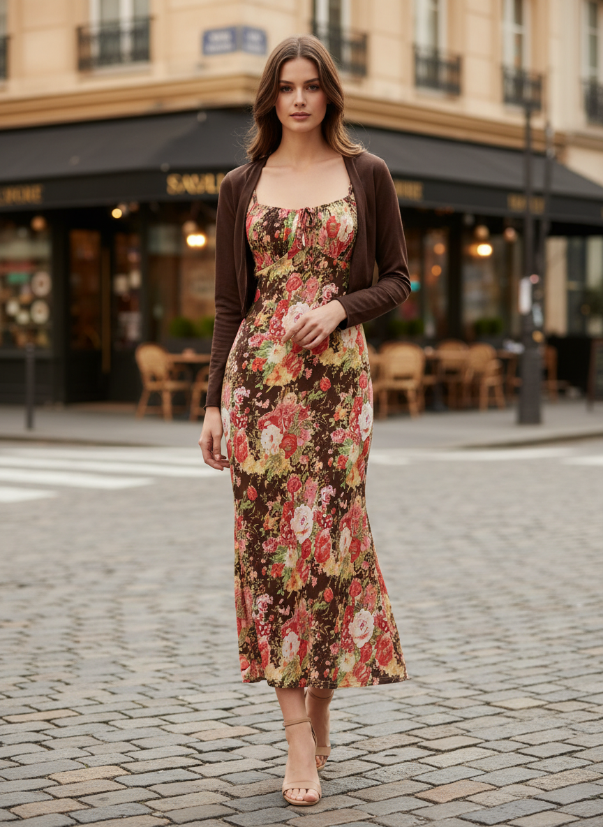 Elegant Floral Midi Dress with Shrug  Stylish Women’s Casual & Party Wear