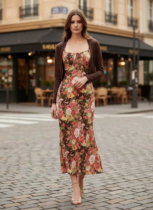 Elegant Floral Midi Dress with Shrug  Stylish Women’s Casual & Party Wear