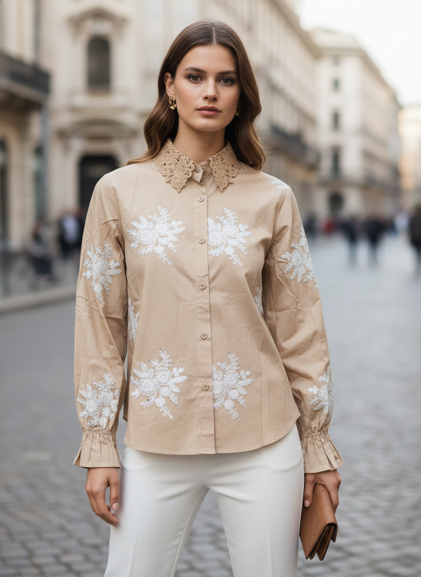 Beige Lace Embroidered Cotton Shirt for Women