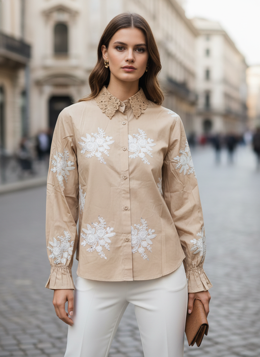 Beige Lace Embroidered Cotton Shirt for Women