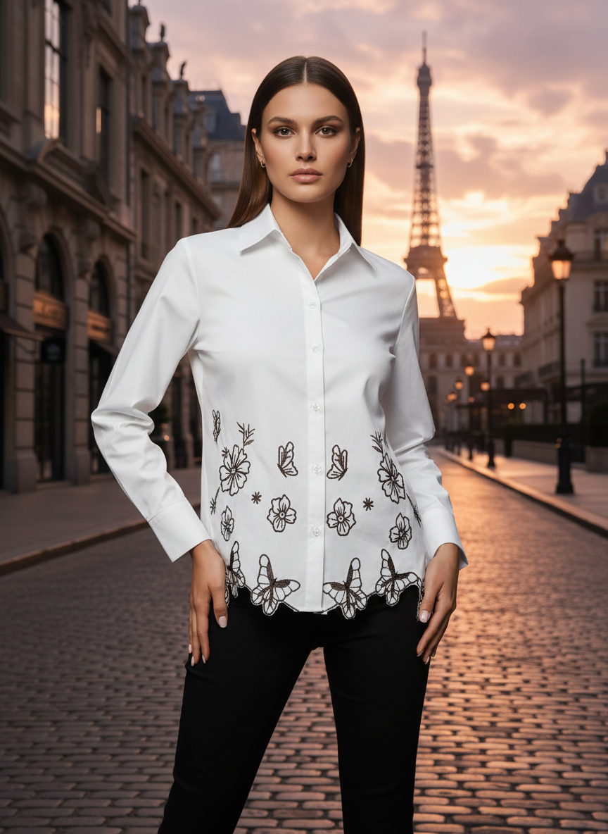 White Floral Butterfly Embroidered Cotton Shirt