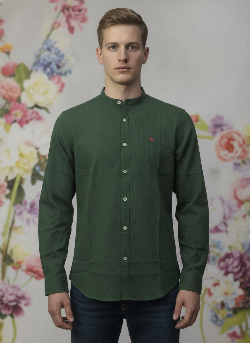 Amswan Premium Men'S Green Crinkle Cotton Shirt - Mandarin Collar, Long Sleeves