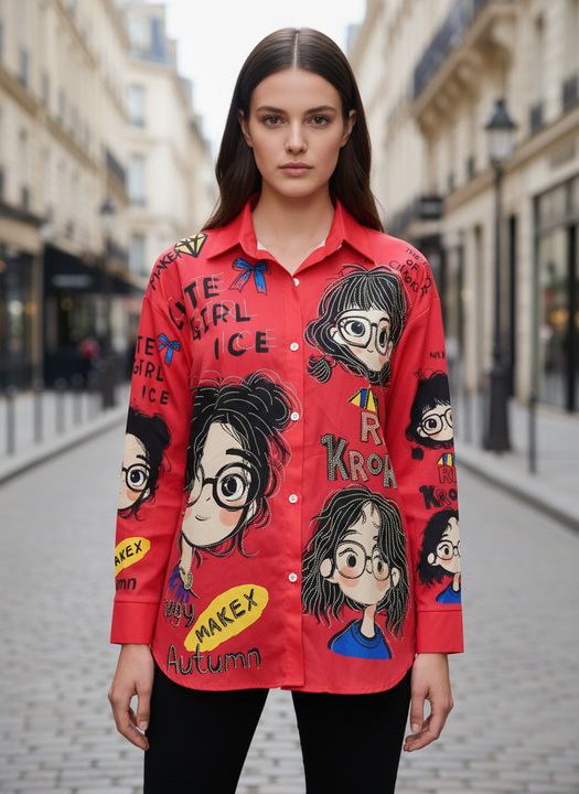 Red Graphic Printed Casual Shirt for Women Quirky Cartoon Design