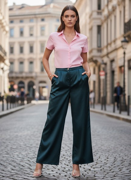 European Satin Flared Pleated Trouser