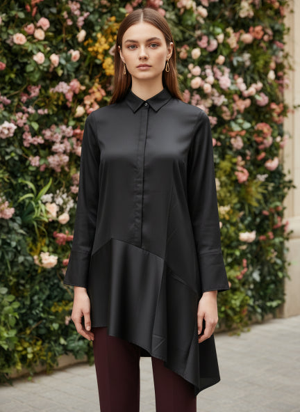 European Satin A Symetrical Shirt Top
