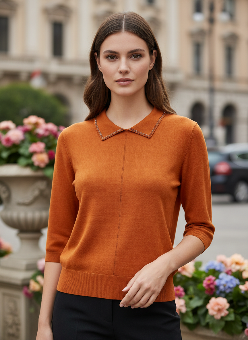 Burnt Orange Knit Top with Embellished Peter Pan Collar