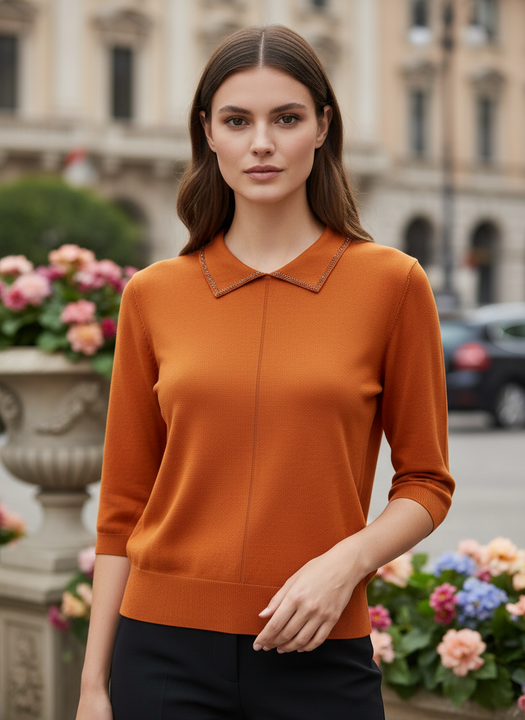 Burnt Orange Knit Top with Embellished Peter Pan Collar
