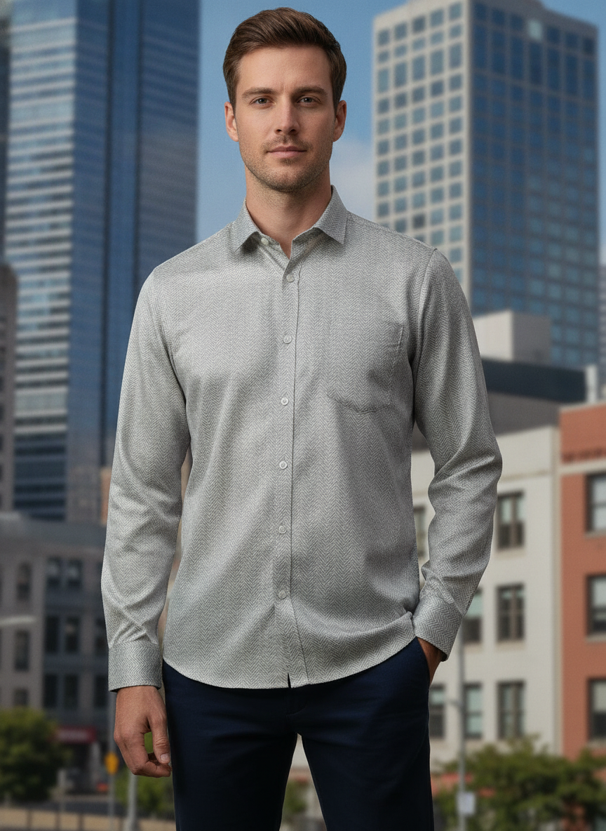 Men'S Poly Satin Lycra Grey Digital Printed Shirt