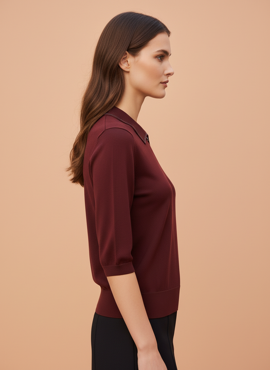 Maroon Knit Top with Embellished Peter Pan Collar