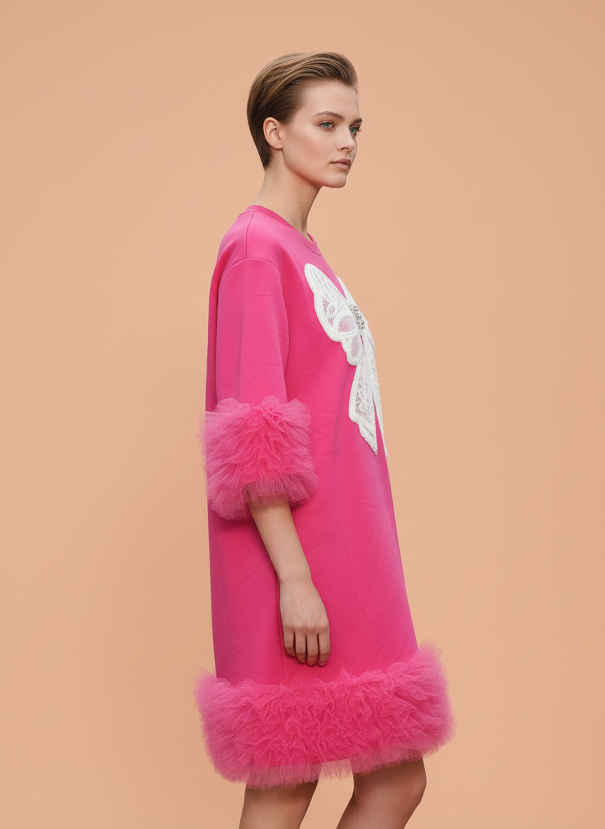 Fuchsia Pink Bow Applique Mini Dress with Tulle Ruffle Details