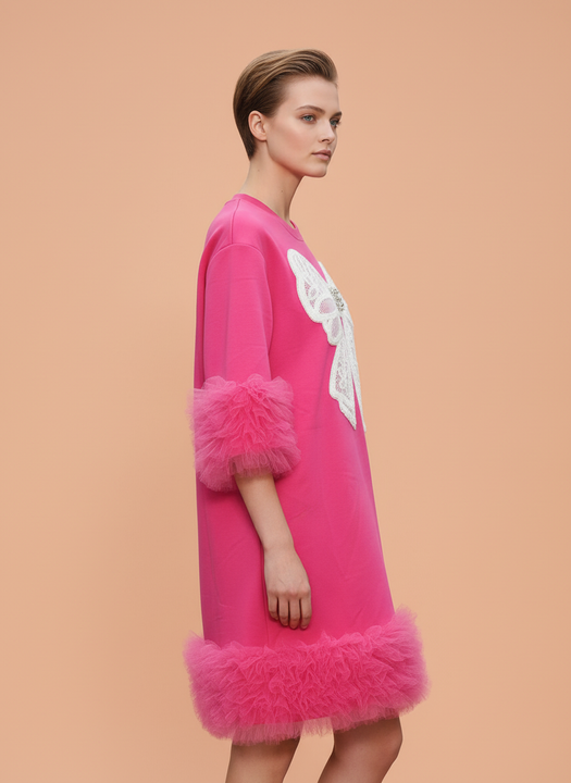 Fuchsia Pink Bow Applique Mini Dress with Tulle Ruffle Details