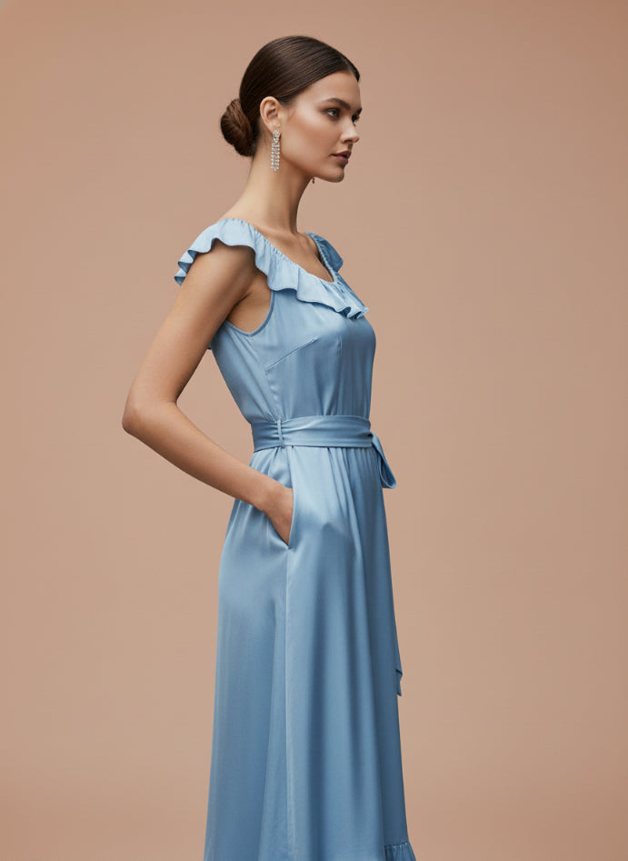 Women’s Luxury European Satin Ice Blue Mist Midi Dress