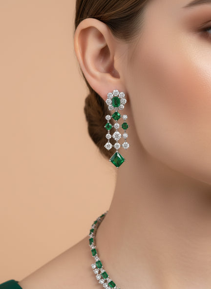 Green Emerald Cubic Zirconia Necklace & Earrings Set for Women