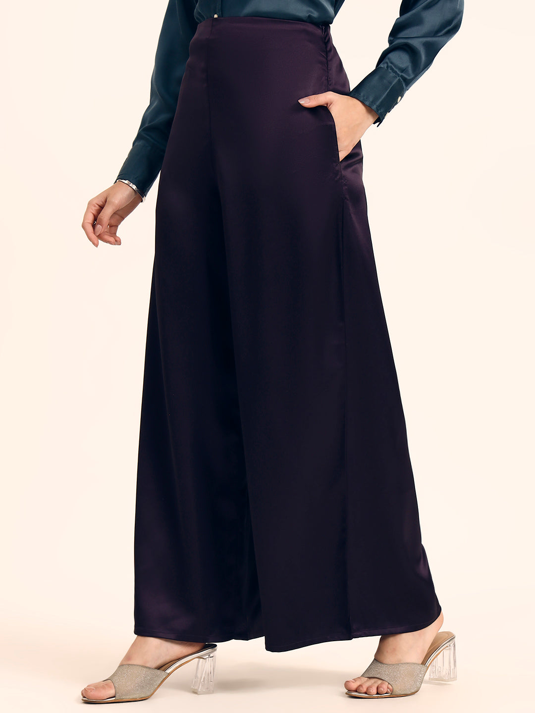 Luxury Satin Wide Leg Pants European Fabric  Plum Wine Glam Look
