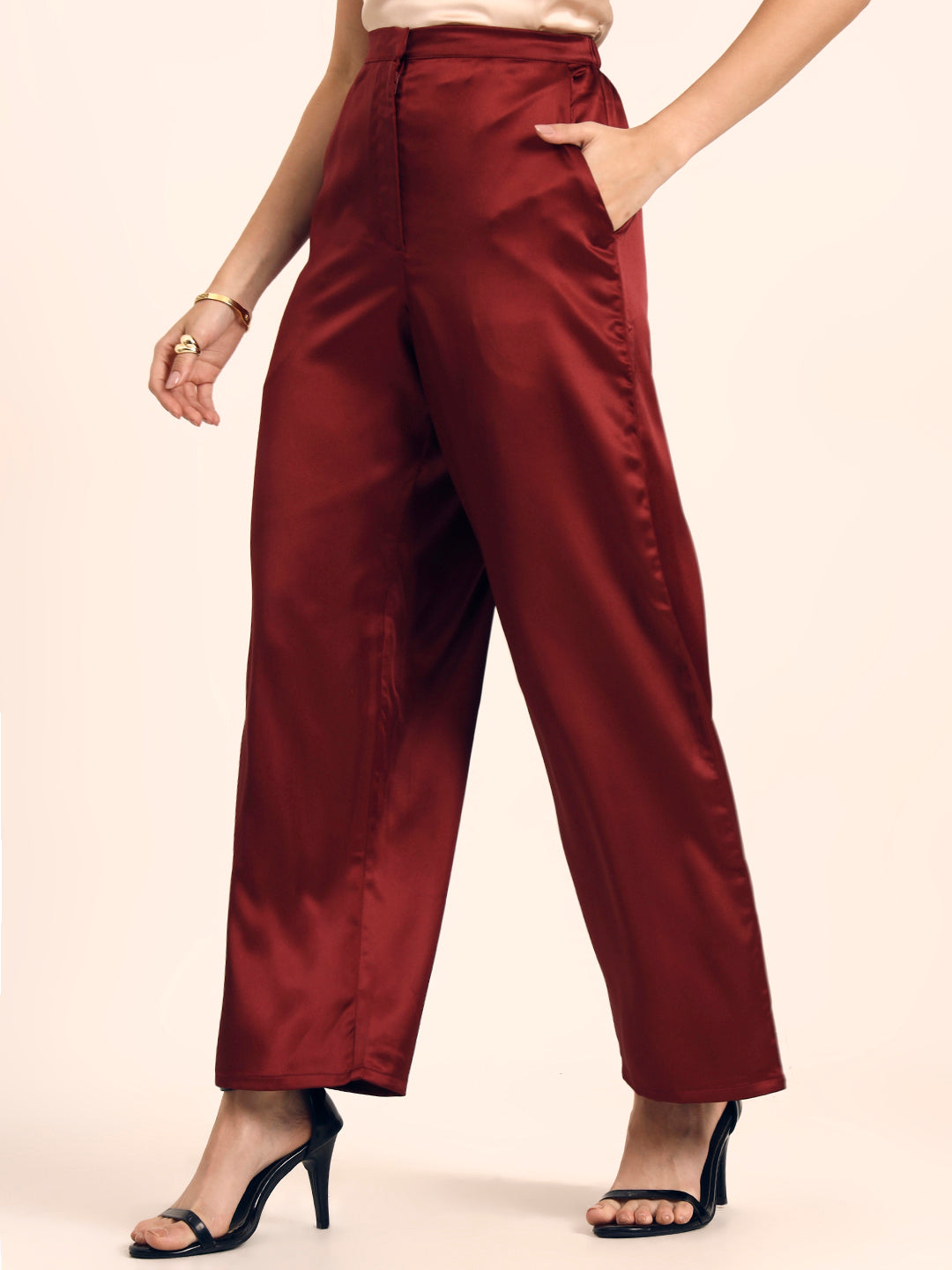 Luxury Satin Wide Leg Pants European Fabric  Wine Red Glam Look