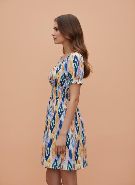 Rayon Printed Striped Smocked Midi Dress