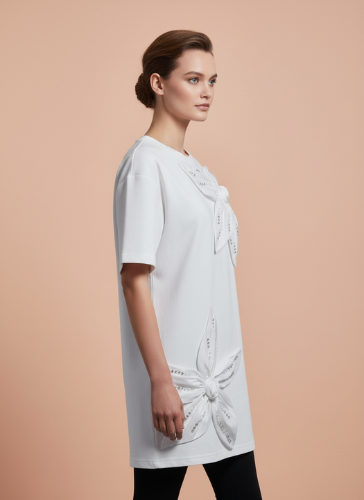 Elegant White Floral Applique Oversized T-Shirt for Women