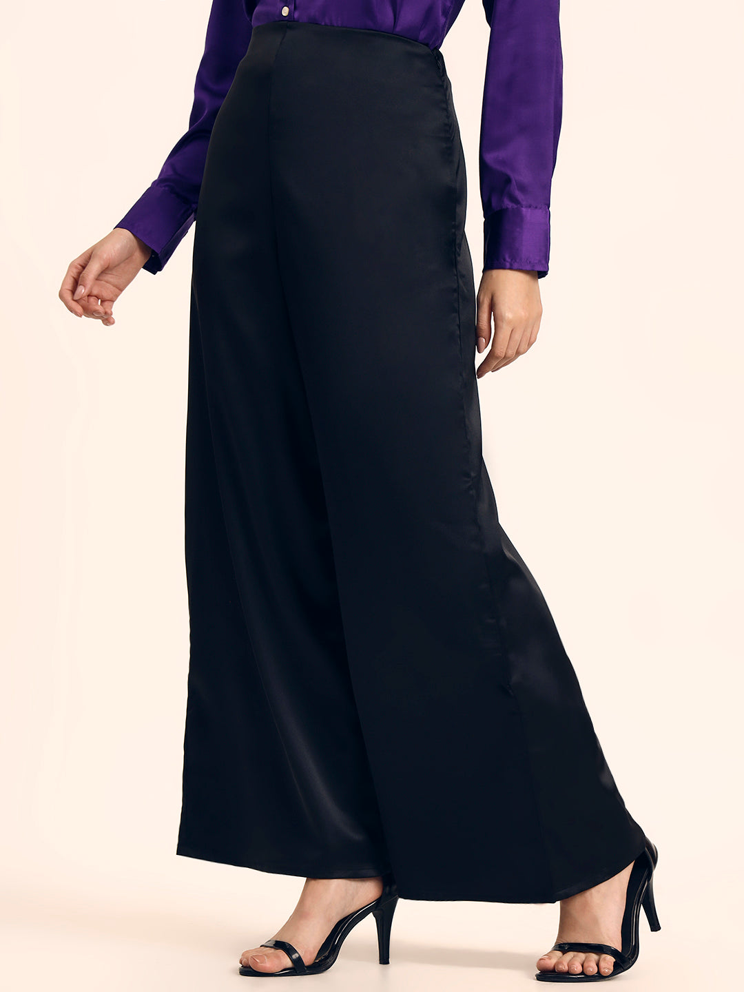 Luxury Satin Wide Leg Pants European Fabric  Black Glam Look
