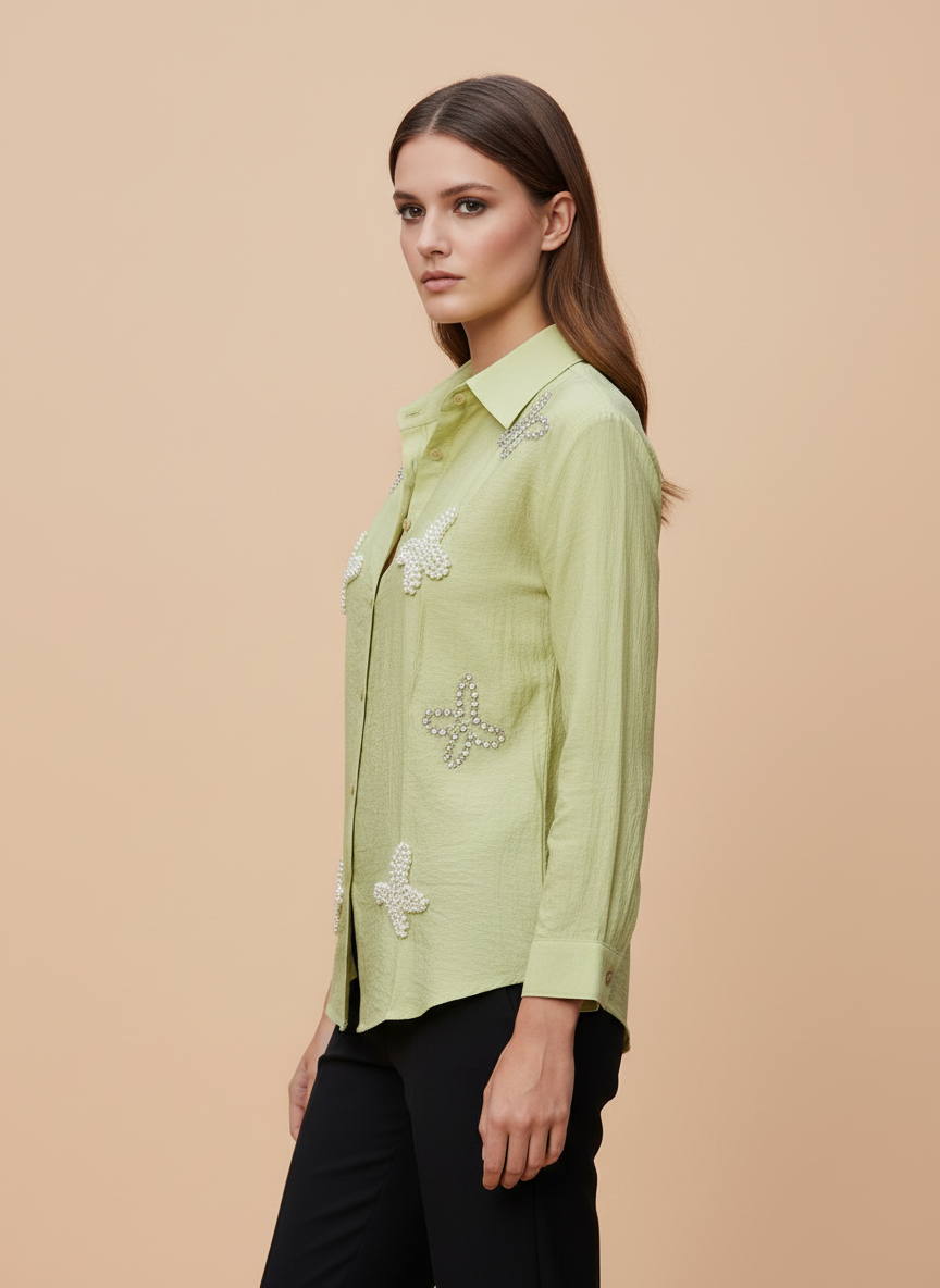 Lime Grace Pearl Embellished Designer Shirt
