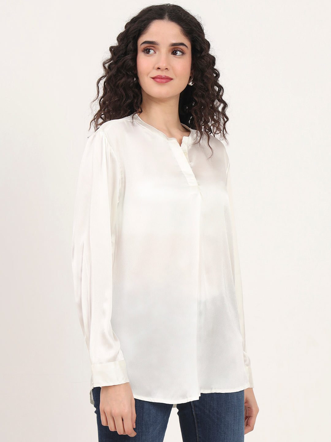 Summer Satin Off White Front Pleated Tunic
