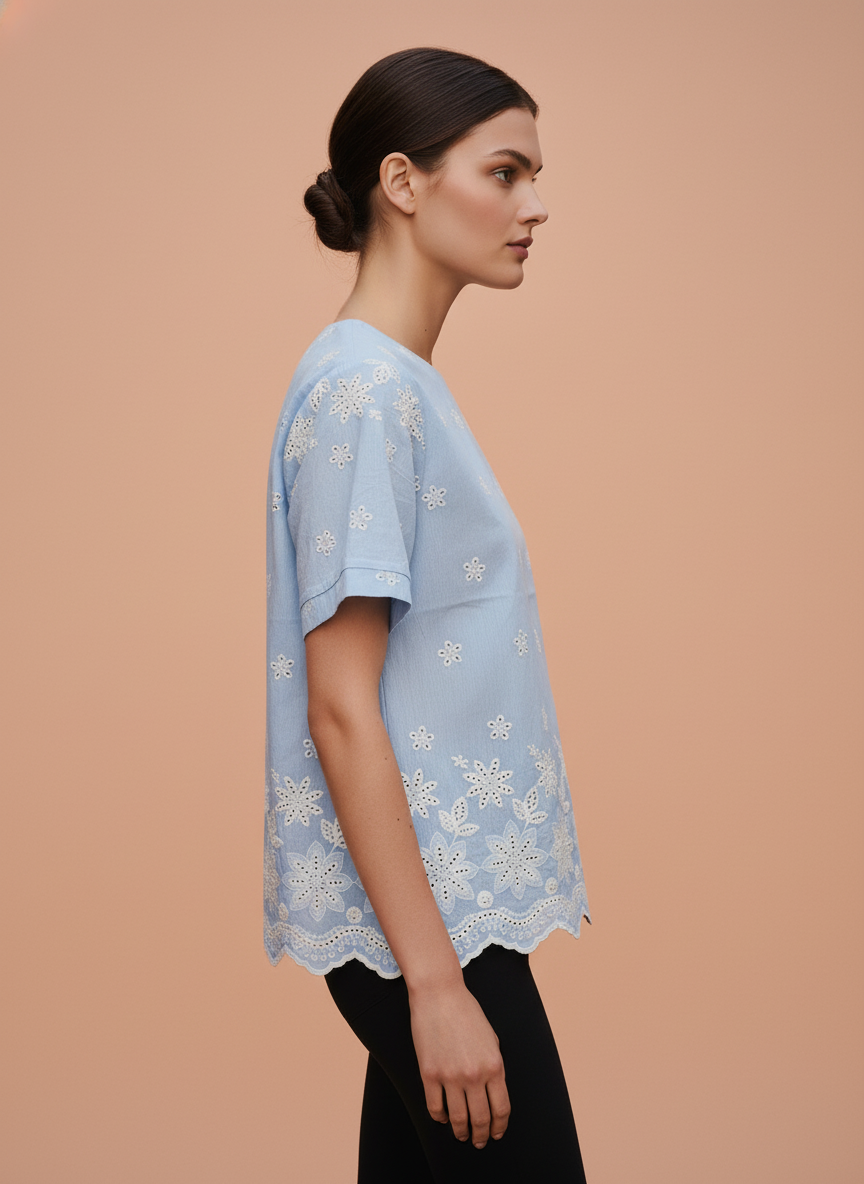 Sky Blue Schiffli Embroidered Cotton Top