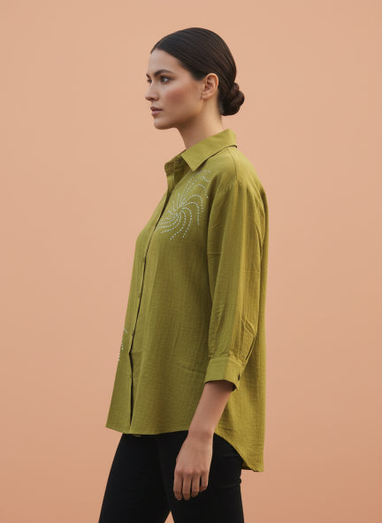 Olive Green Beaded Spiral Linen Shirt