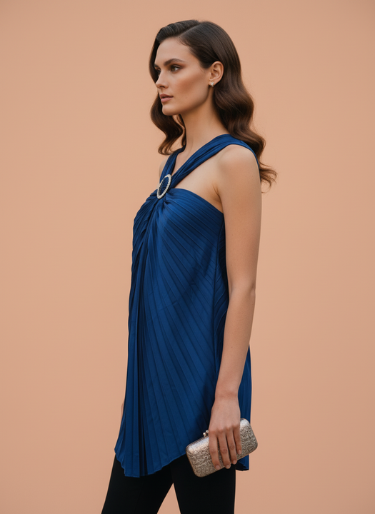 Elegant Navy Blue Pleated Halter Neck Top for Women